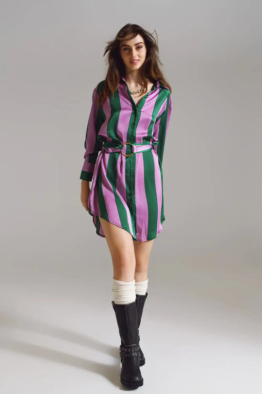 Robe chemise courte à rayures lilas et vertes - Vestidos