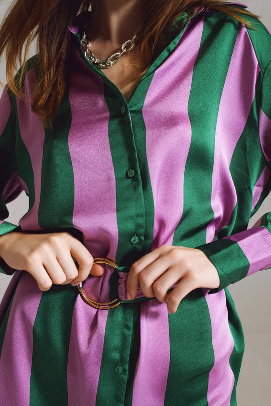 Robe chemise courte à rayures lilas et vertes - Vestidos