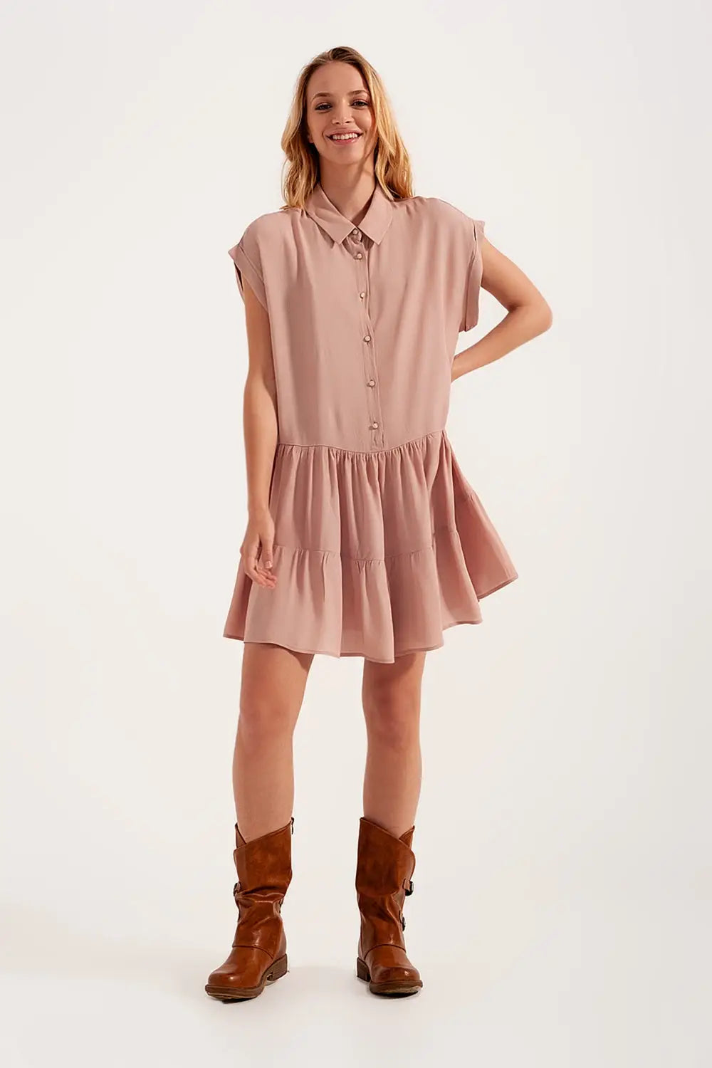 Robe chemise courte à volants rose clair - Vestidos