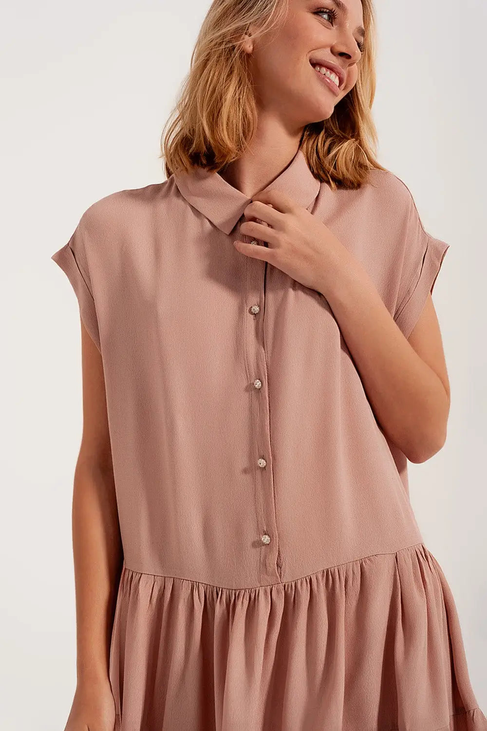 Robe chemise courte à volants rose clair - Vestidos