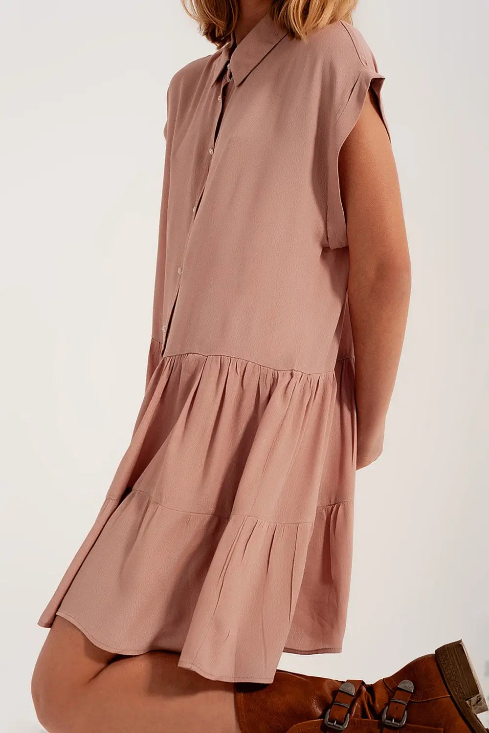 Robe chemise courte à volants rose clair - Vestidos