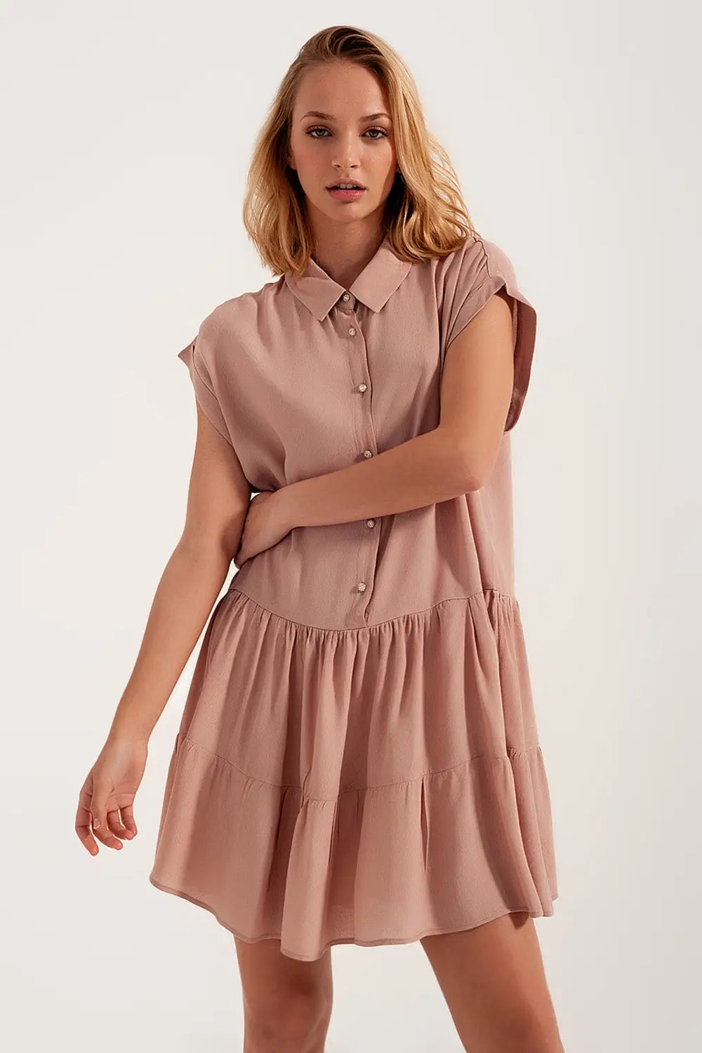 Robe chemise courte à volants rose clair - Vestidos