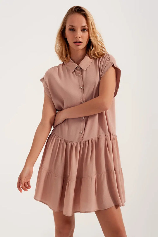 Robe chemise courte à volants rose clair - Vestidos