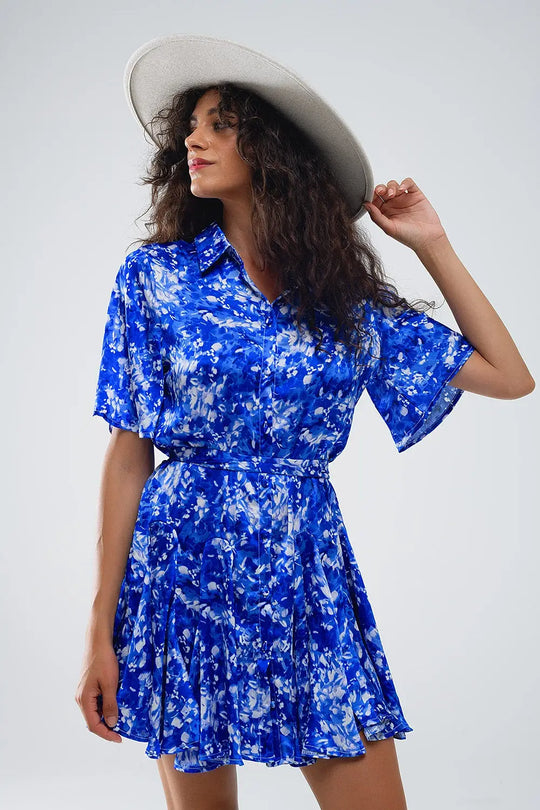Robe chemise courte fluide à manches d’ange en imprimé abstrait bleu - Vestidos