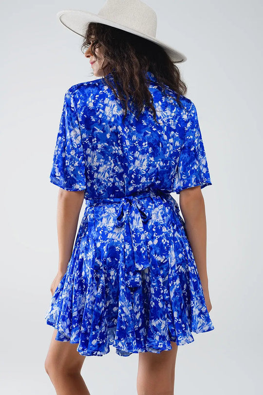 Robe chemise courte fluide à manches d’ange en imprimé abstrait bleu - Vestidos