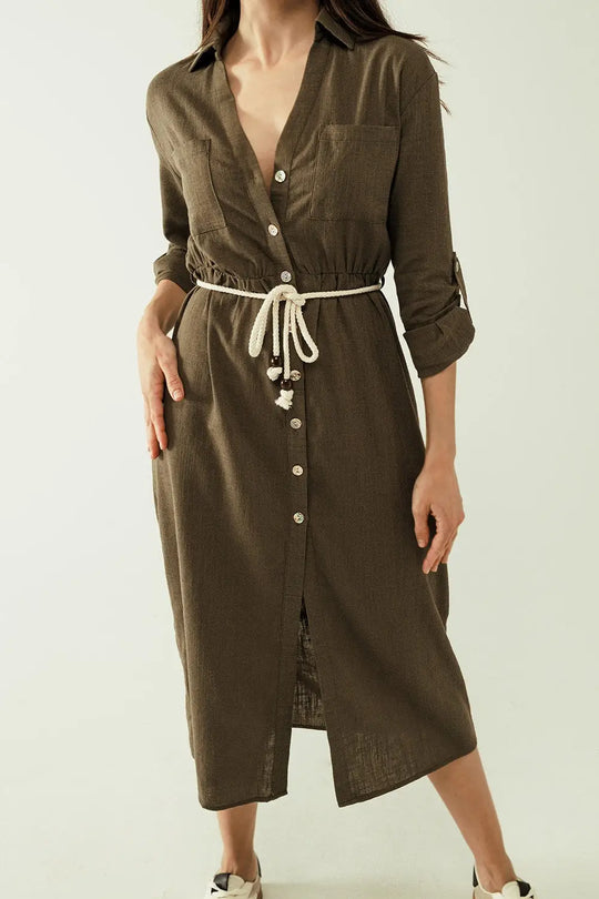 Robe chemise Khaki à manches longues avec fermeture à boutons - Vestidos