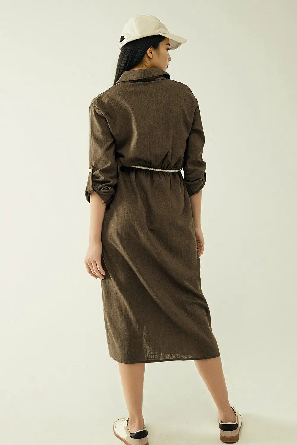 Robe chemise Khaki à manches longues avec fermeture à boutons - Vestidos
