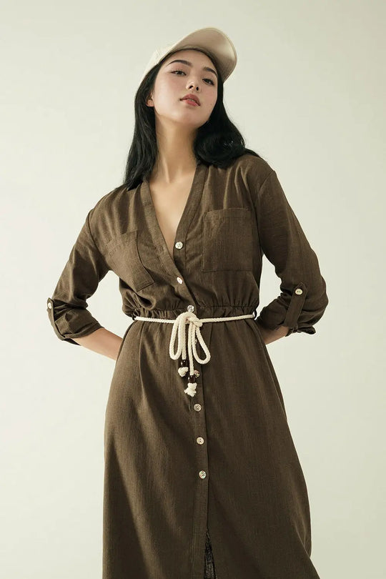 Robe chemise Khaki à manches longues avec fermeture à boutons - Vestidos