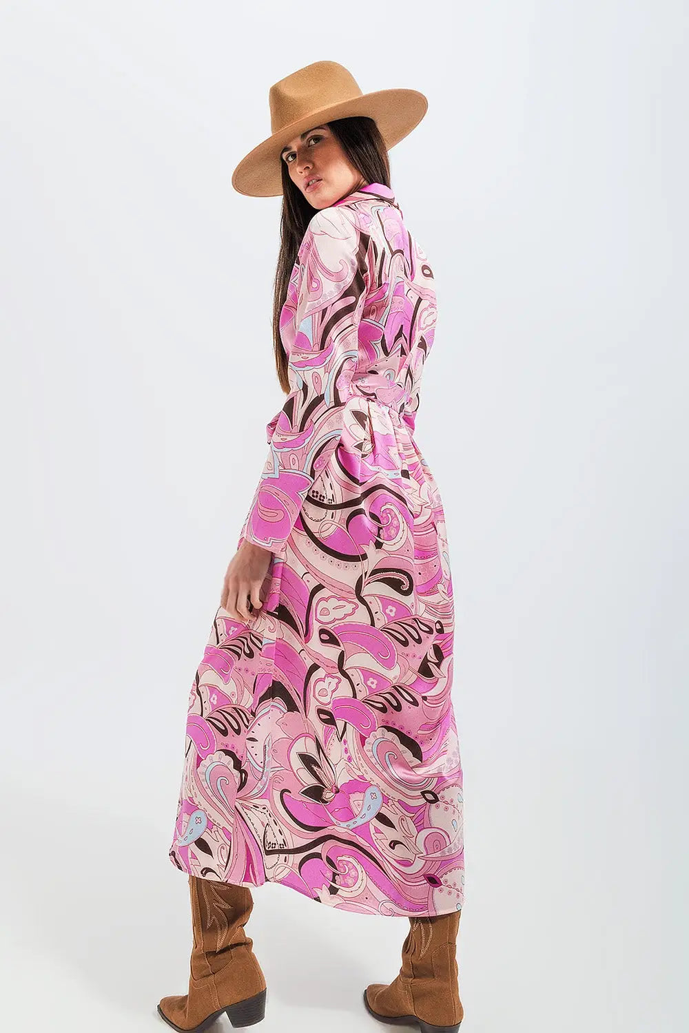 Robe chemise longue à imprimé abstrait rose - Vestidos