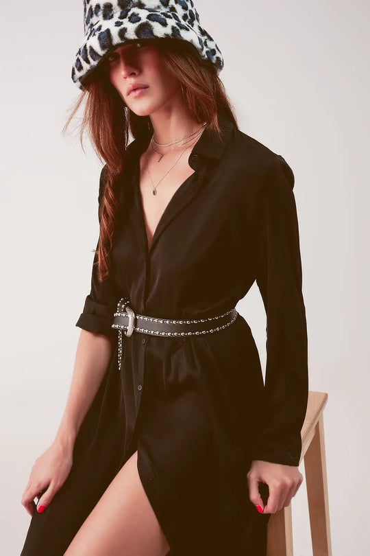 Robe chemise longue ample à décolleté noire - Vestidos