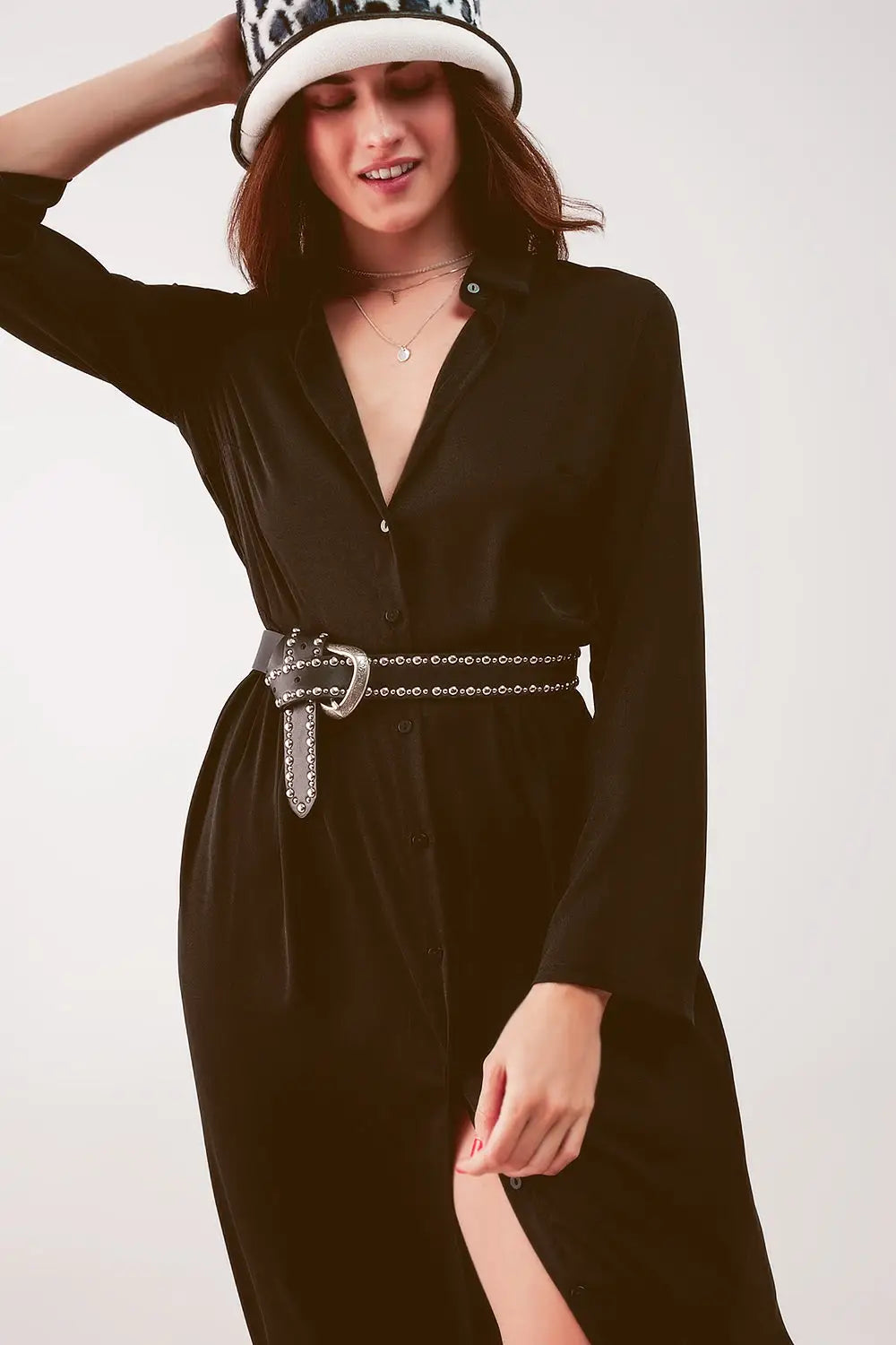 Robe chemise longue ample à décolleté noire - Vestidos