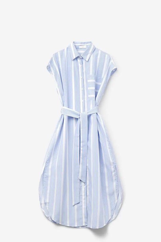 Robe chemise maxi sans manches à rayures bleues et blanches - Vestidos