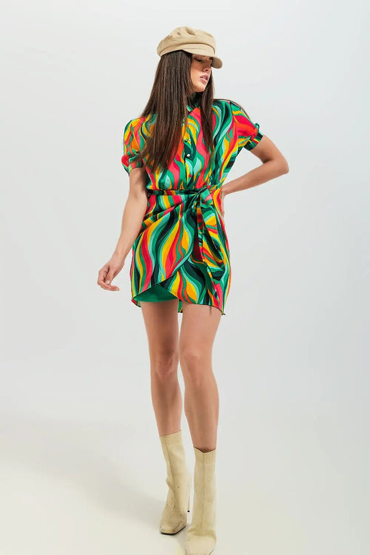 Robe chemise portefeuille courte à imprimé tourbillon vert - Vestidos