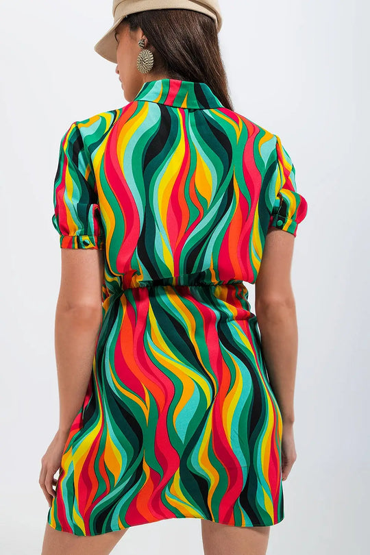 Robe chemise portefeuille courte à imprimé tourbillon vert - Vestidos
