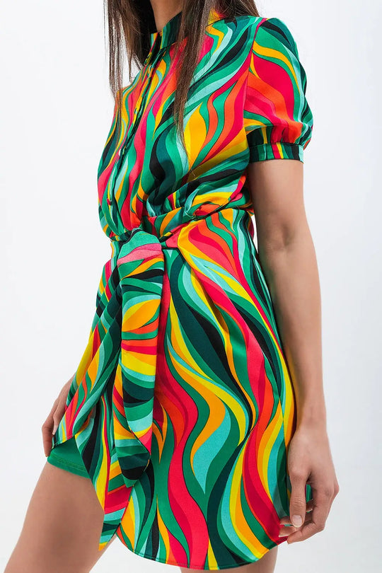 Robe chemise portefeuille courte à imprimé tourbillon vert - Vestidos