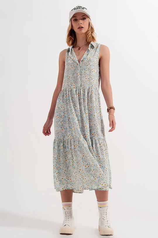 Robe chemise sans manches à fleurs Bleu - Vestidos