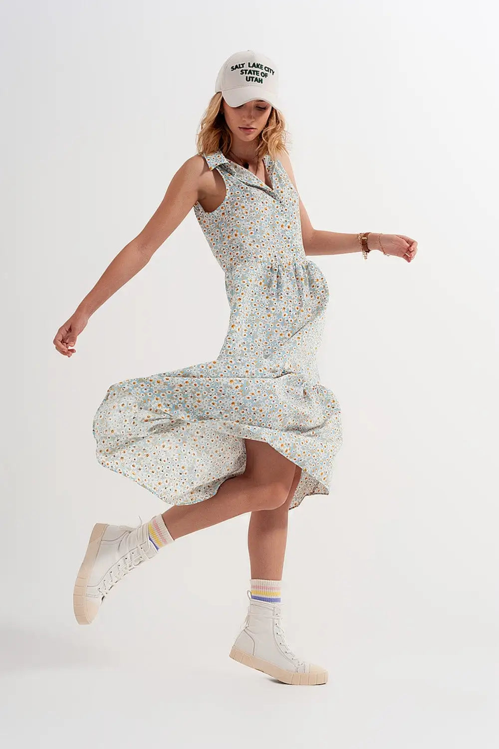 Q2 Robe chemise sans manches à fleurs Bleu