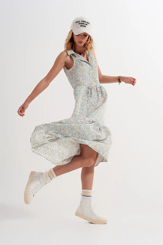 Q2 Robe chemise sans manches à fleurs Bleu