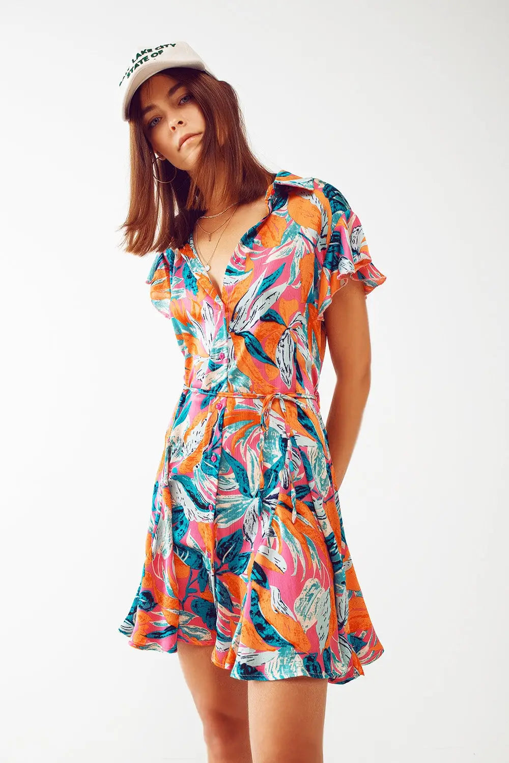 Robe chemisier ceinturée avec imprimé floral en orange - Vestidos