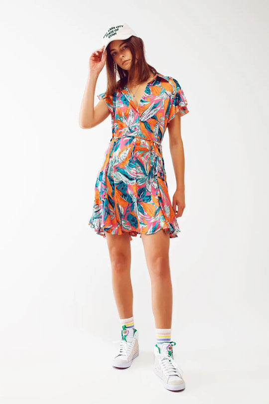Robe chemisier ceinturée avec imprimé floral en orange - Vestidos