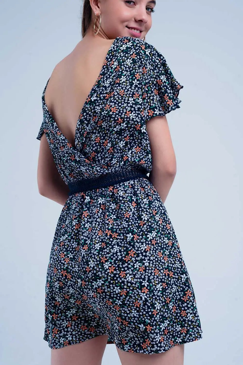 Robe couleur marine à fleurs avec arrière ouvert - Vestidos