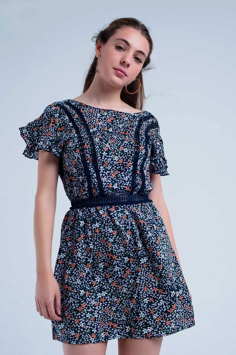 Robe couleur marine à fleurs avec arrière ouvert - Vestidos