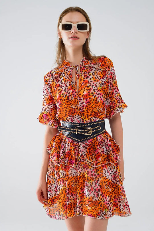Robe courte à imprimé animalier en orange et blanc - Vestidos