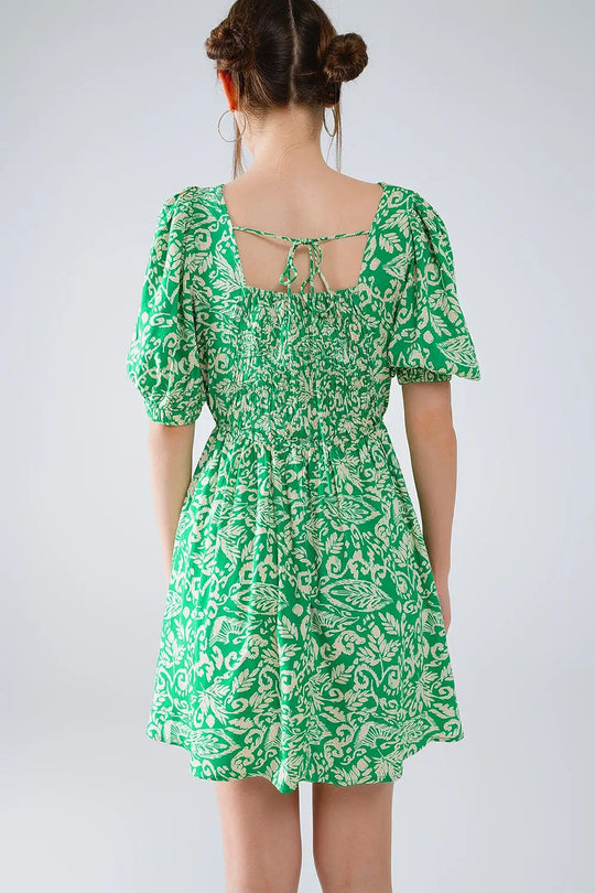 robe courte à imprimé floral avec dos froncé en vert - Vestidos