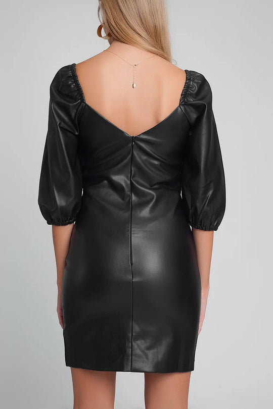 Robe courte à manches bouffantes en similicuir en Noir - Vestidos