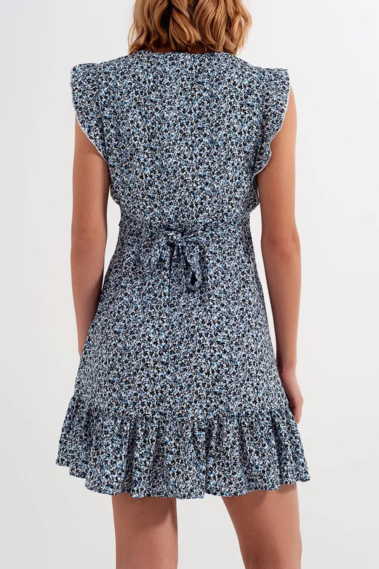 Robe courte à manches volantées et petites fleurs en bleu - Vestidos