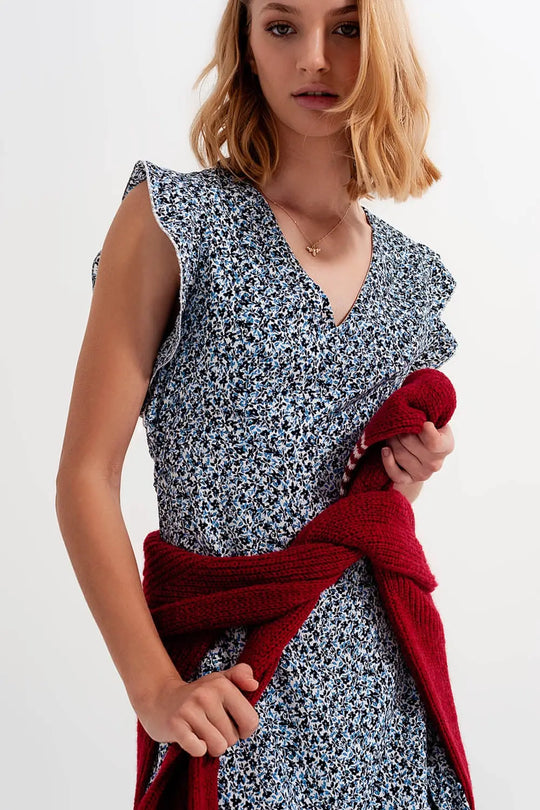 Robe courte à manches volantées et petites fleurs en bleu - Vestidos