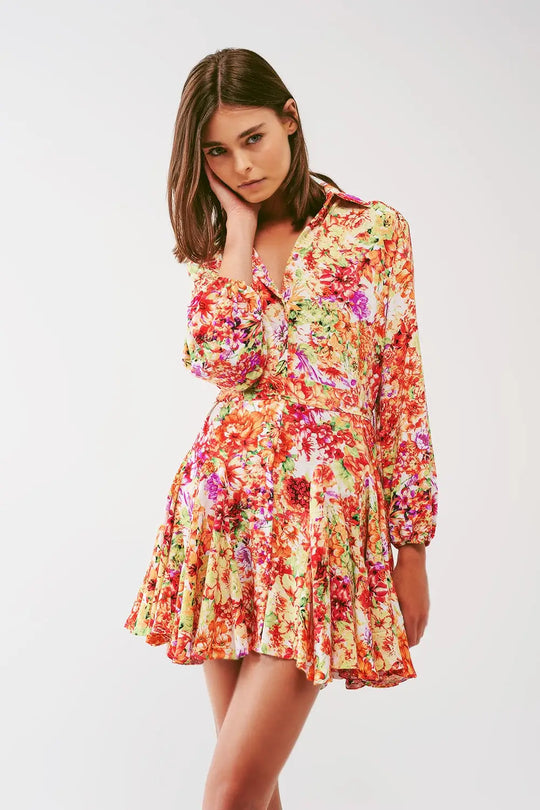 Q2 Robe courte à volants avec imprimé floral multicolore