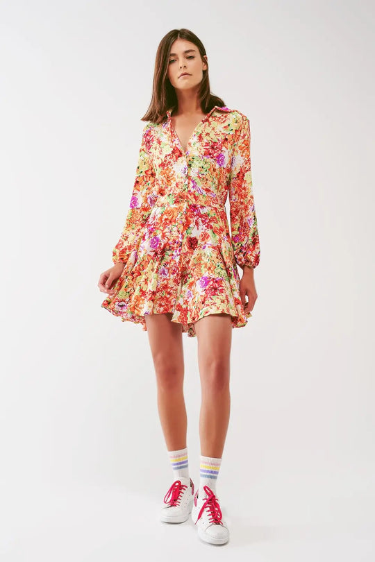 Robe courte à volants avec imprimé floral multicolore - Vestidos