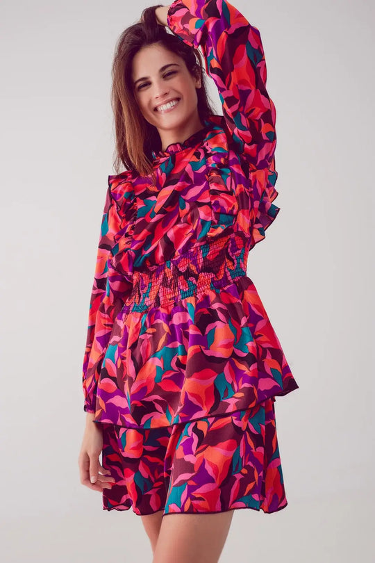 Robe courte à volants étagés et imprimé fleuri fucshia - Vestidos