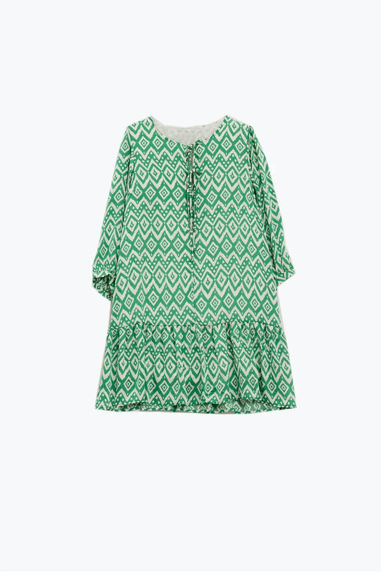 Robe courte avec détails à nouer sur le devant en imprimé ethnique vert - Vestidos