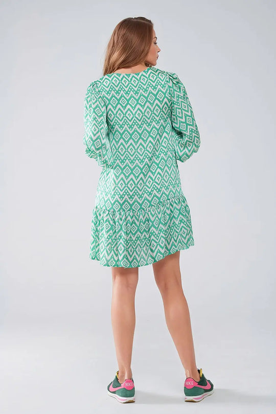 Robe courte avec détails à nouer sur le devant en imprimé ethnique vert - Vestidos