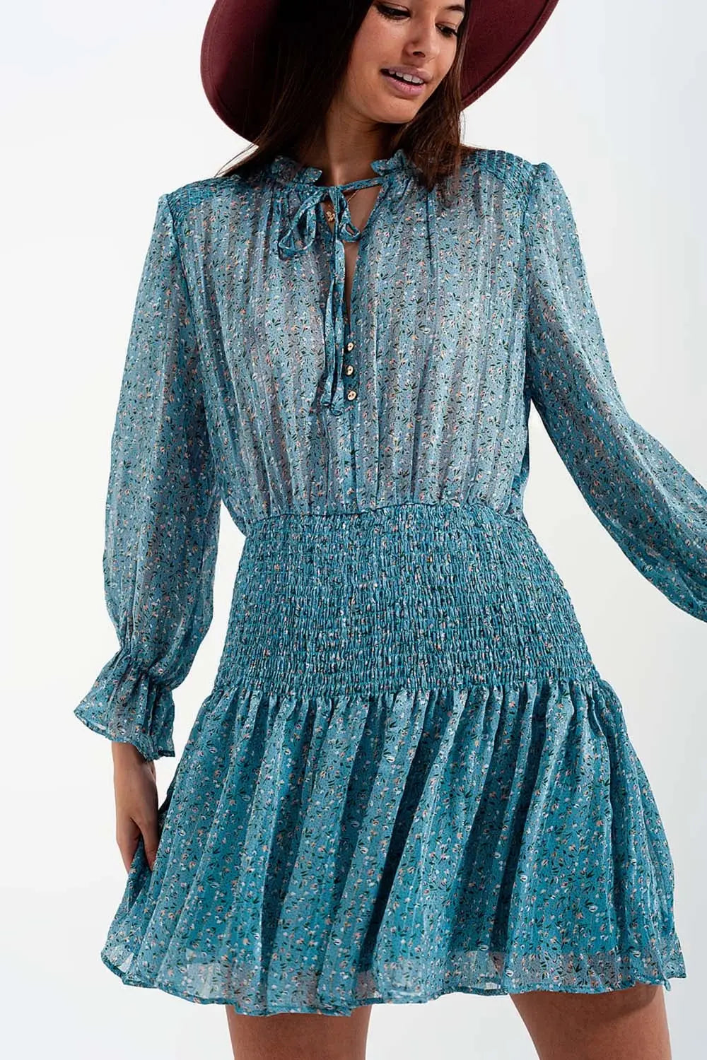 Robe courte avec jupe froncée et fente goutte d’eau turquoise - Vestidos