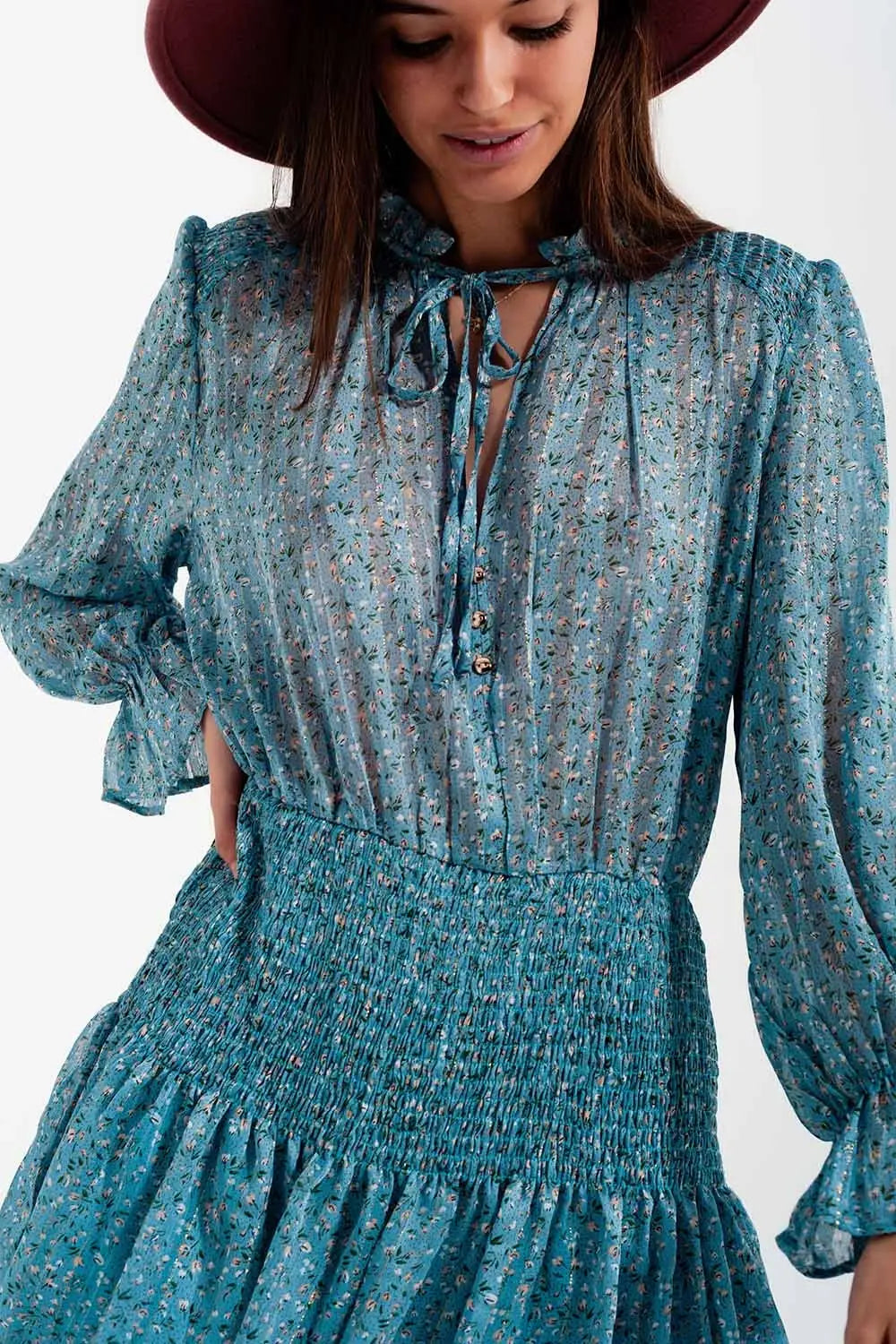 Robe courte avec jupe froncée et fente goutte d’eau turquoise - Vestidos