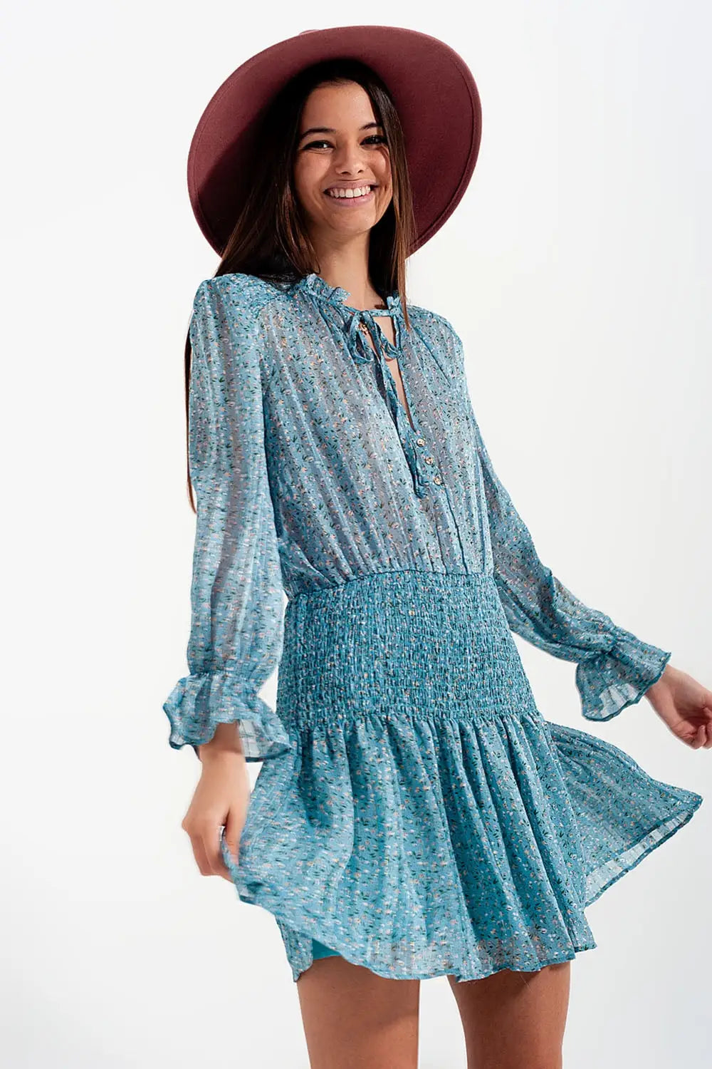 Robe courte avec jupe froncée et fente goutte d’eau turquoise - Vestidos