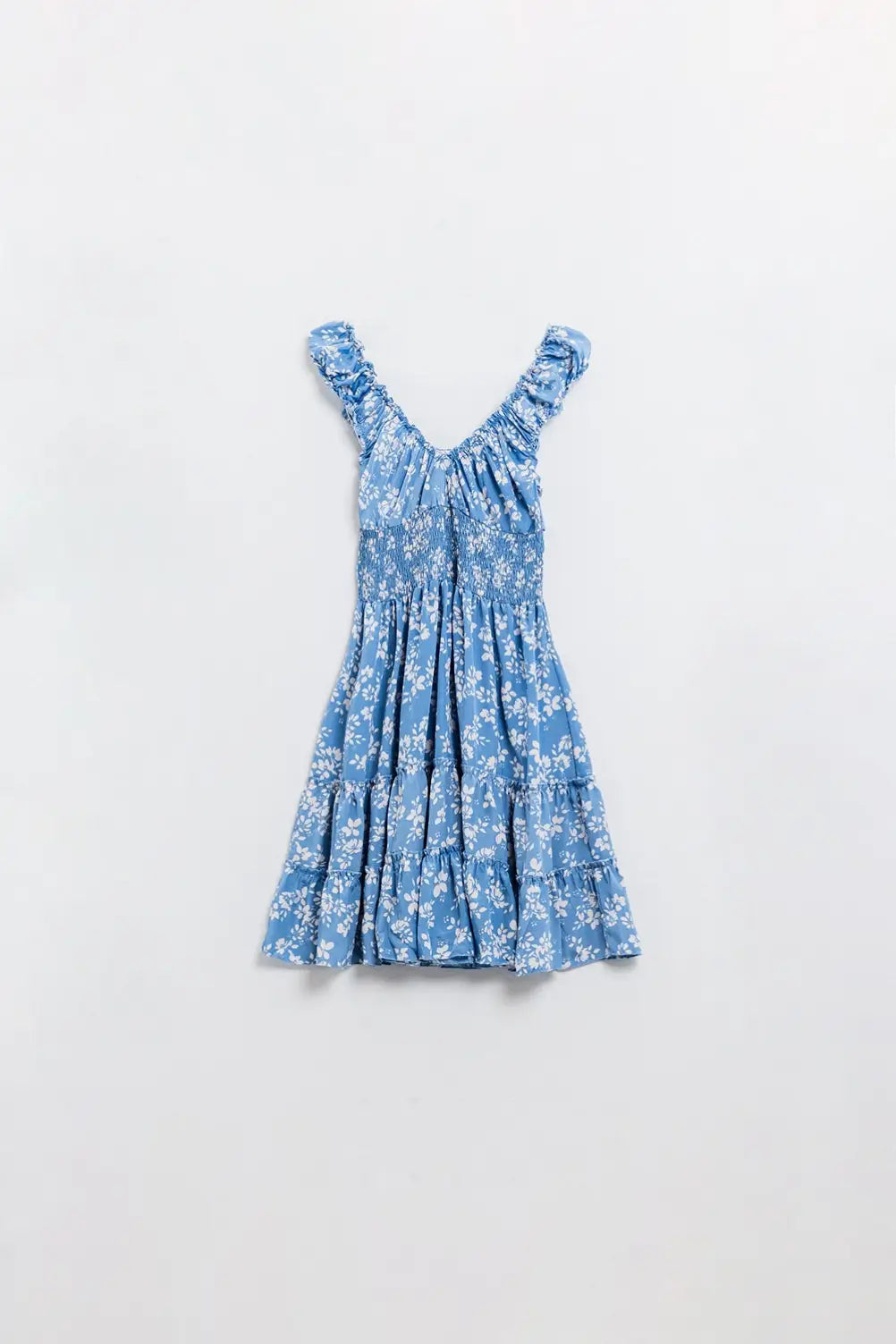Robe courte bleue à imprimé floral blanc et taille élastique - Vestidos