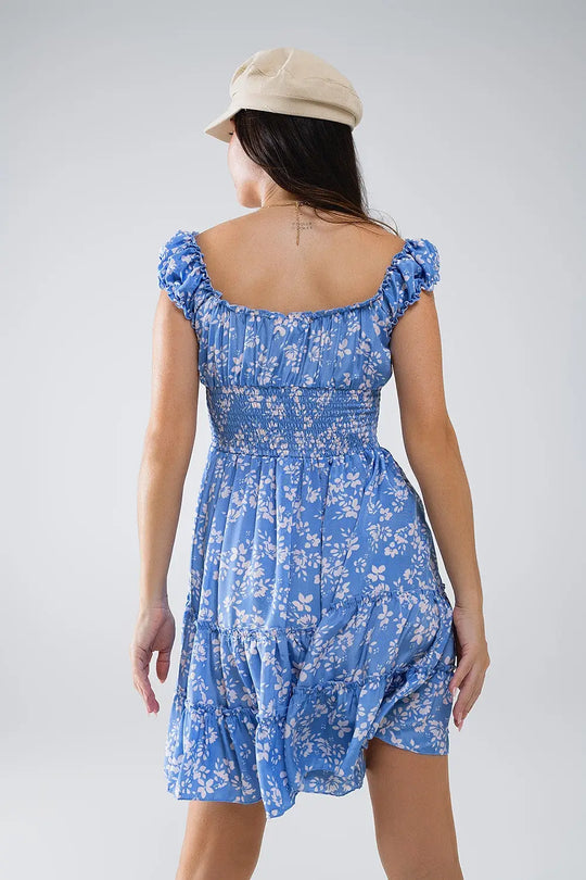 Robe courte bleue à imprimé floral blanc et taille élastique - Vestidos