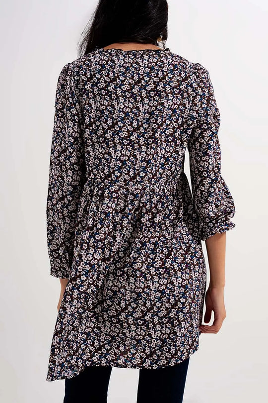 Robe courte boutonnée à imprimé fleuri marron - Vestidos