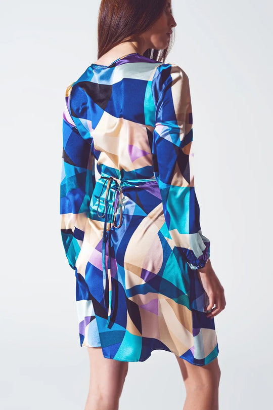 Robe courte croisée avec imprimé abstrait en bleu - Vestidos