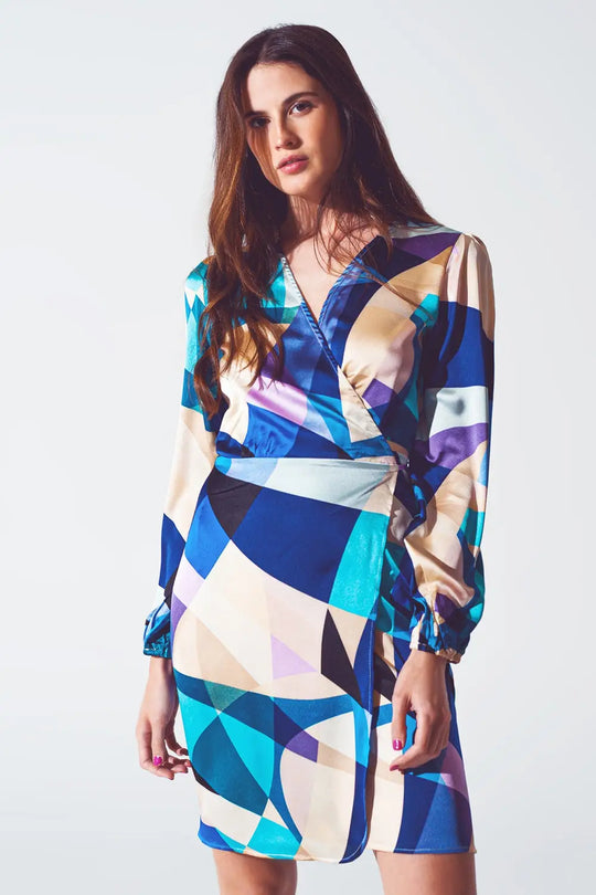 Robe courte croisée avec imprimé abstrait en bleu - Vestidos