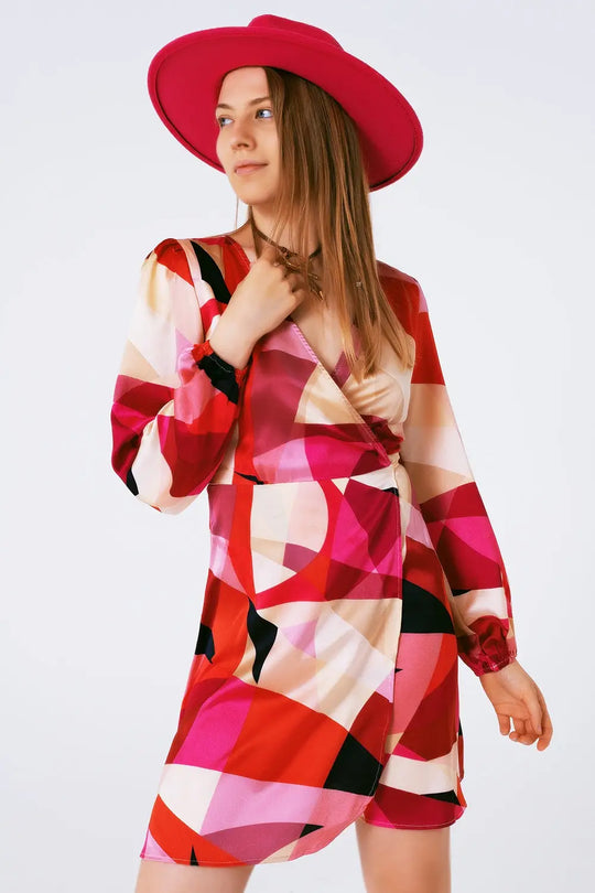 Robe courte croisée avec imprimé abstrait en fuxia - Vestidos