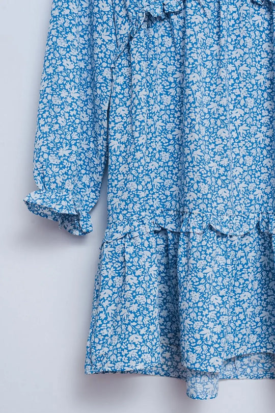 Robe courte dos ouvert à fleurs bleu - Vestidos