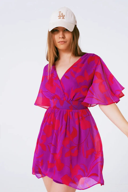 Robe courte en mousseline à fleurs avec manches courtes et col V - Vestidos