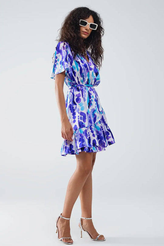 Robe courte enveloppante en bleu et violet Tie-dye - Vestidos