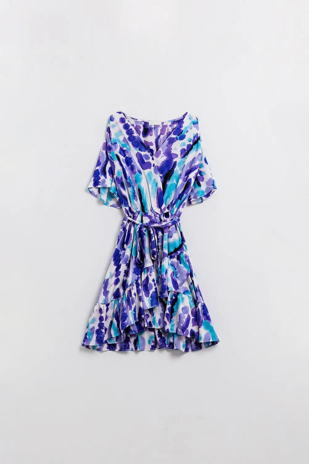 Robe courte enveloppante en bleu et violet Tie-dye - Vestidos