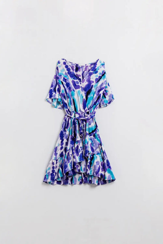 Robe courte enveloppante en bleu et violet Tie-dye - Vestidos